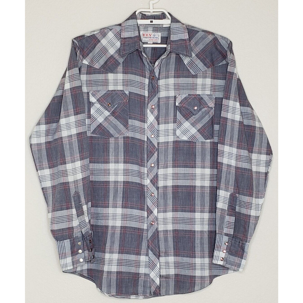 Ely Men's Shirt Large L/S Gray Plaid Western Pearl Snap Lightweight W/ Pockets